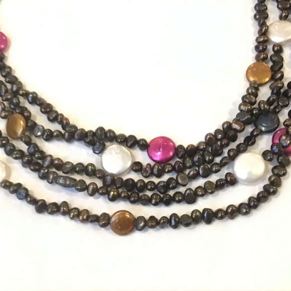 Sterling Silver 5 Row Dark Brown & Multi-Color Coin Pearl Necklace 17 1/2”-19” L - Picture 2 of 5